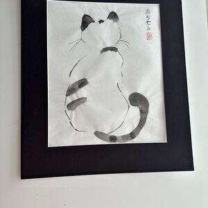 Original Japanese calligraphy art Black and White Cat painting